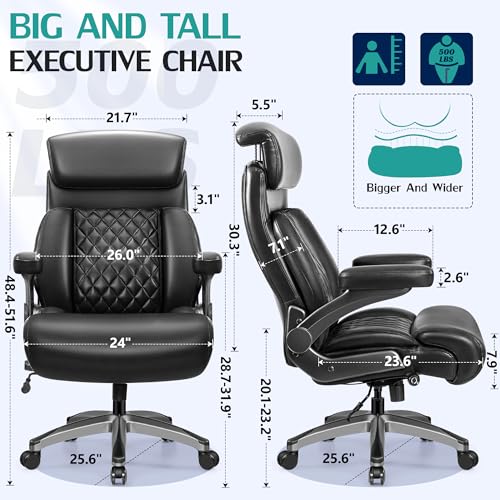 Big and Tall 500lbs Office Chair,Heavy Duty Large PU Leather Executive Desk Chair with Wide Seat