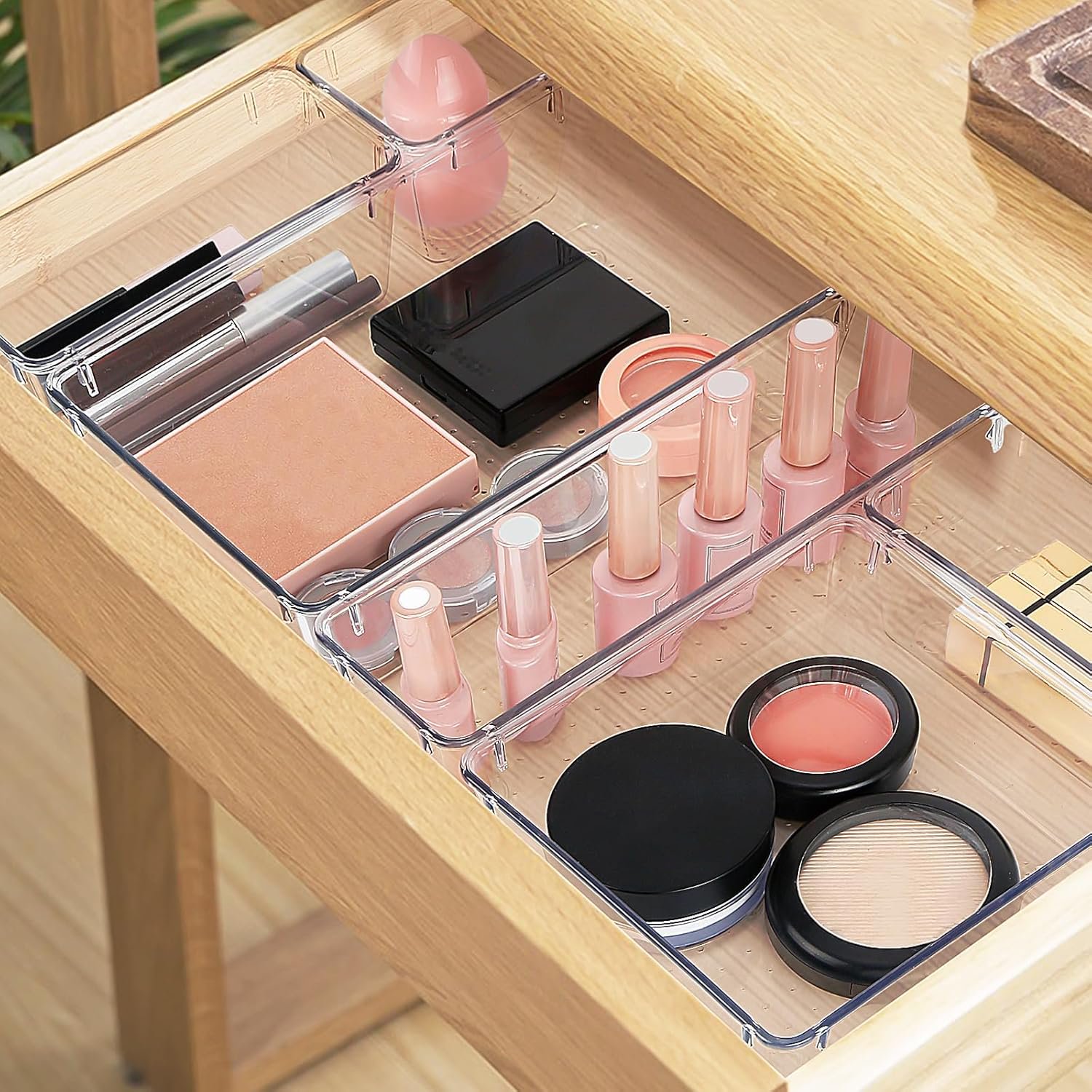 16 PCS Drawer Organizer Set, 5 Varied Size Bathroom and kitchen Drawer cabinet organizer Trays, Clear Storage Bins for Makeup, Jewelry