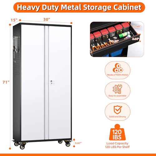 Aobabo 71" H×32" W×16" D Metal Storage Cabinet with Wheels, Garage Steel Storage Cabinet with 5 Adjustable Shelves and 4 Hooks for Home Office