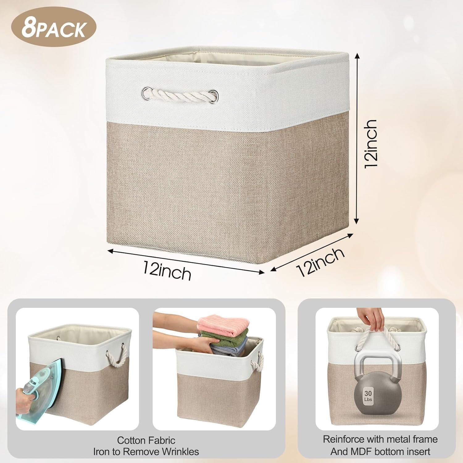 8 Pack Collapsible Storage Bins Fabric Storage Bins Polyester Fabric Baskets with Handles Linen Closet Organizer for Shelf Home Closet Towels Toys
