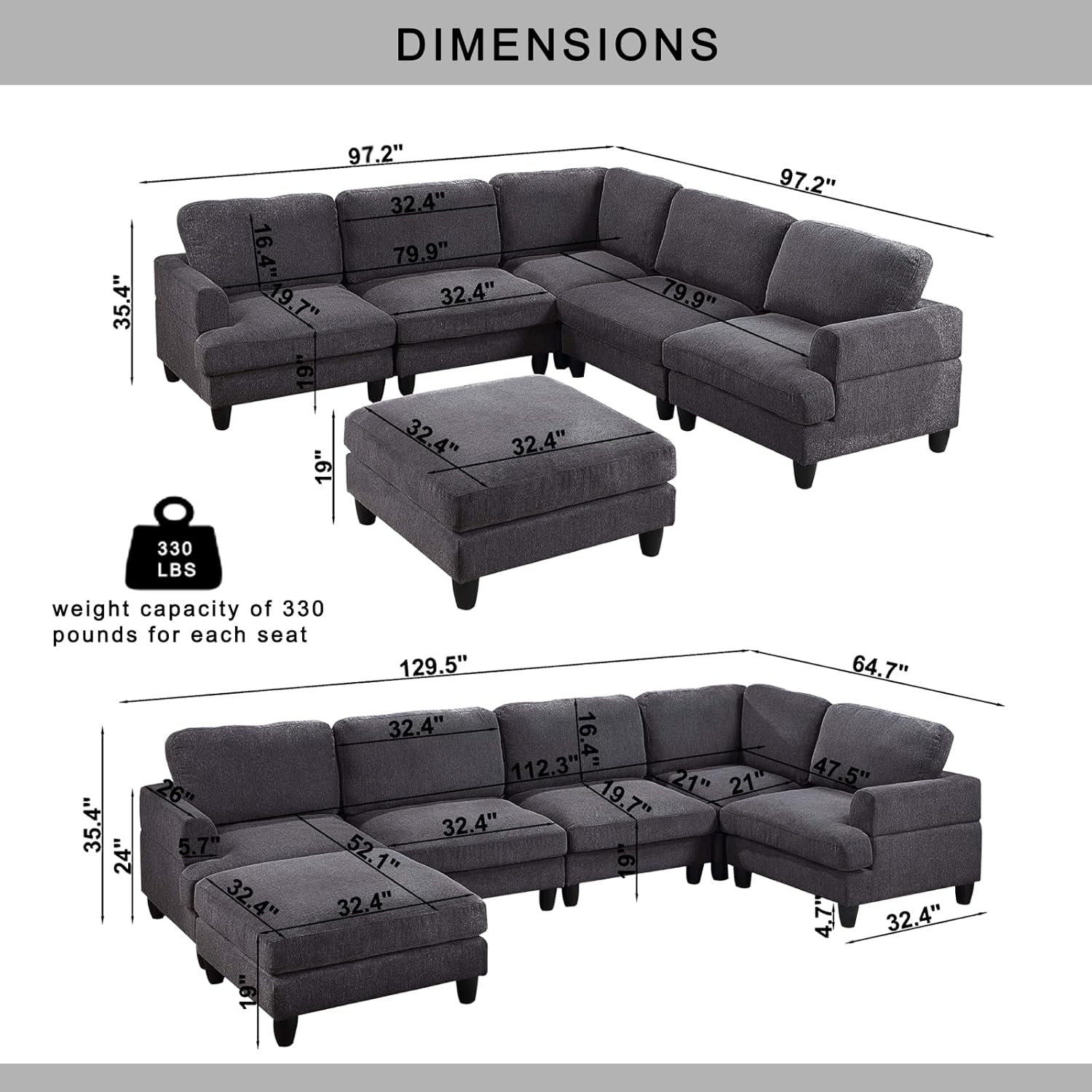 U-Shaped Oversized Modular Sectional Sofa Couch with Movable Ottoman
