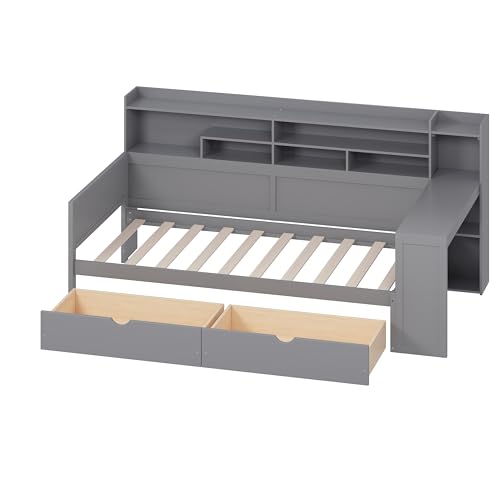 Corner Twin Bed Frame with Bookcase Storage and Desk, Wood Day Beds with 2 Drawers, Twin Size Daybed with Storage for Living Room