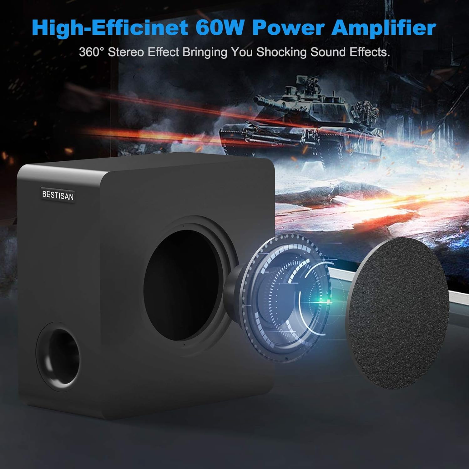 Powered Subwoofer, Bestisan 6.5 Active Home Audio Subwoofer with Bluetooth in Compact Design, Opt/RCA/Bluetooth Input
