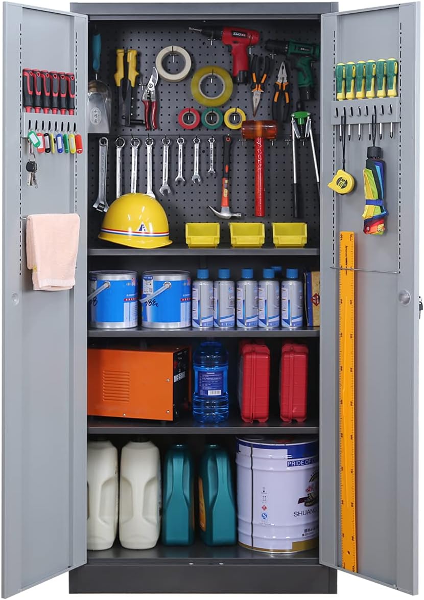 Metal Storage Cabinet with Lock Doors and Adjustable Shelves, Steel Garage Storage Cabinet with Pegboard,70.86 H x 31.5 W x 15.75 D