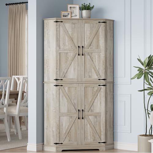 IRONCK Corner Cabinet, 72" Kitchen Pantry Cabinet, 6-Tier Farmhouse Pantry with 4 Adjustable Shelves, 240° Swivel Doors, 2 Doors Storage