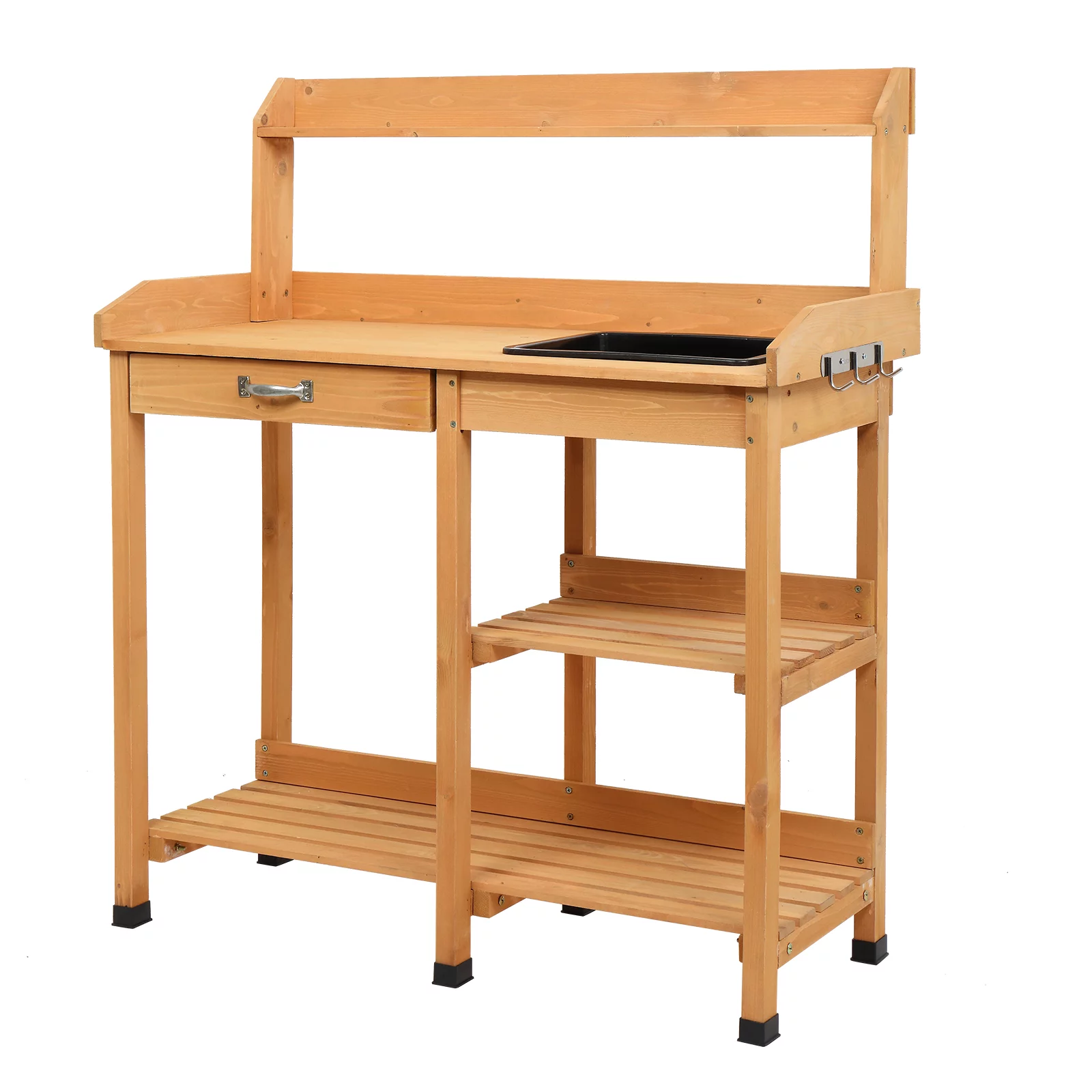 Wooden Potting Bench, Work Station Table, Outdoor Garden Potting Table with Sink, Hooks and Storage Shelf for Garden Supplies, Natural