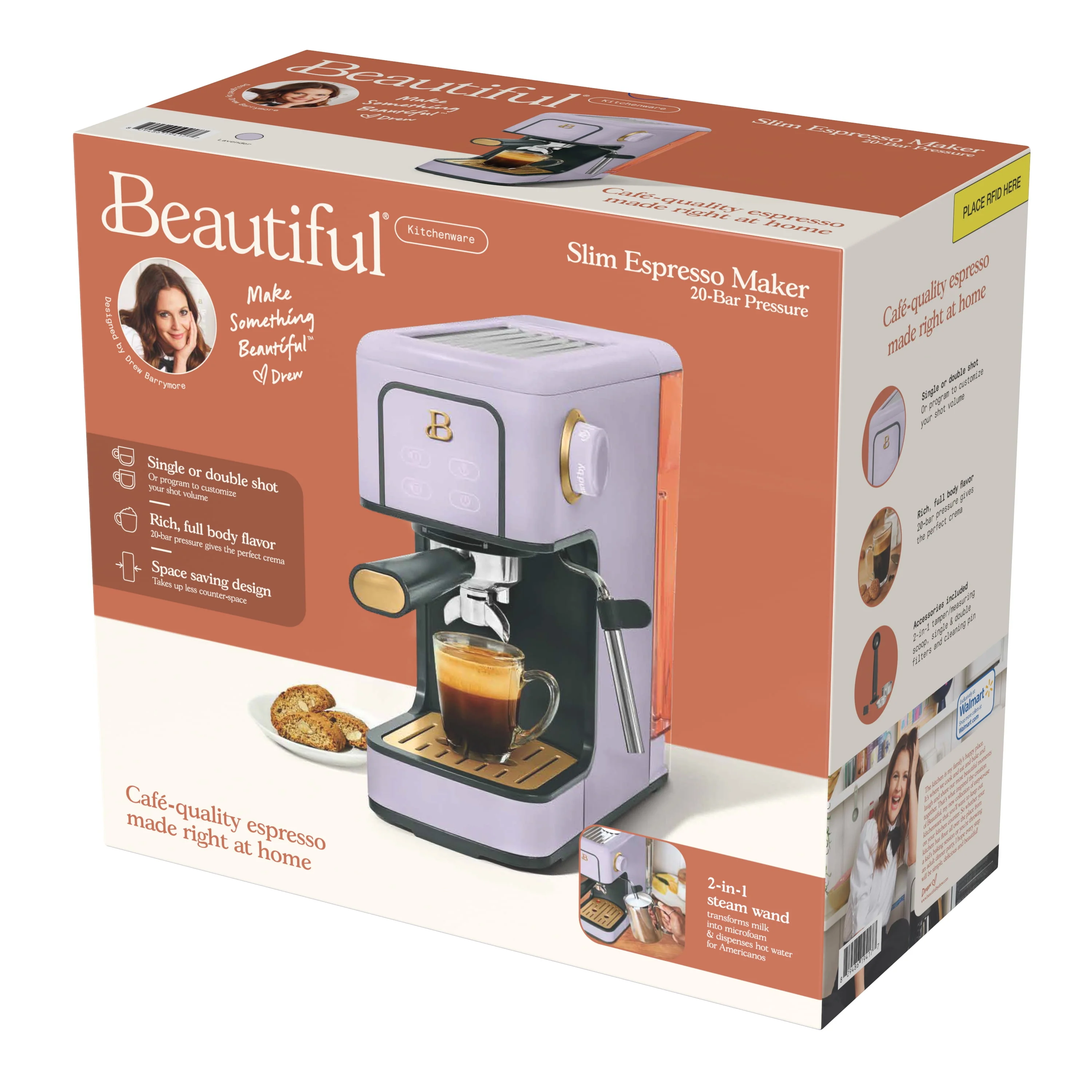 Beautiful Slim Espresso Maker with 20-Bar Pressure, White Icing by Drew Barrymore