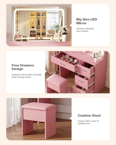 Vanity Desk with LED Mirror, Makeup Vanity with Drawer and Cushion Stool, Dressing Table for Bedrrom, White