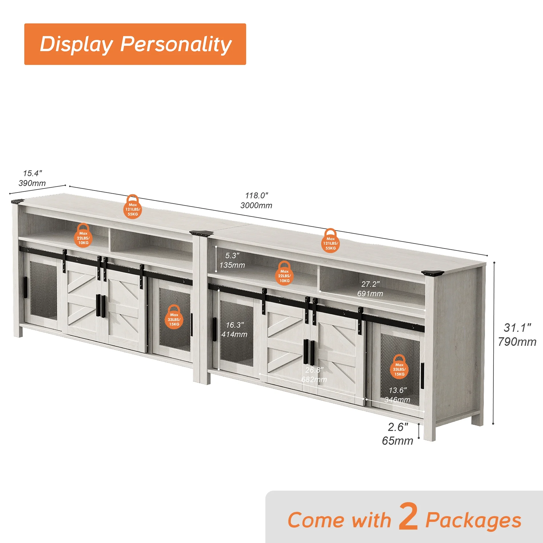 2-in-1 Farmhouse TV Stands for 100+ Inch TV, Antique White 118" Wooden Entertainment Center with Mesh and Barn Doors