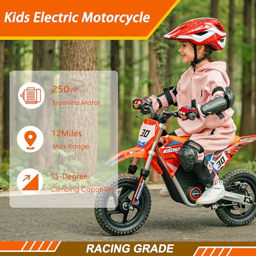 OLALA 36V Electric Dirt Bike for Kids Aged 4-8, Brushless 350W Racing Grade Electric Motorcycle, Up to 18.6MPH & 3 Speed Settings, Dual Disc Brakes