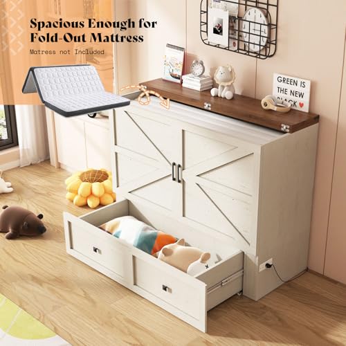 AMERLIFE Queen Murphy Bed with Storage & Charging Station, Farmhouse Murphy Cabinet with Foldable Panel, Noisy Free, for Guest Bedroom, Living Room