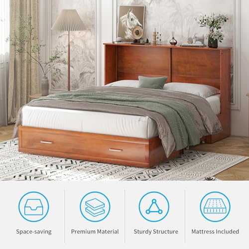 Mjkone Queen Size Cabinet Murphy Bed with Tri-Fold Mattress, Modern Multipurpose Wall Cabinet Chest Bed