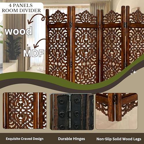 Lightnpro Wooden Room Divider - Handmade Foldable Partition Screen with Intricate Oval Carved Design Hinged