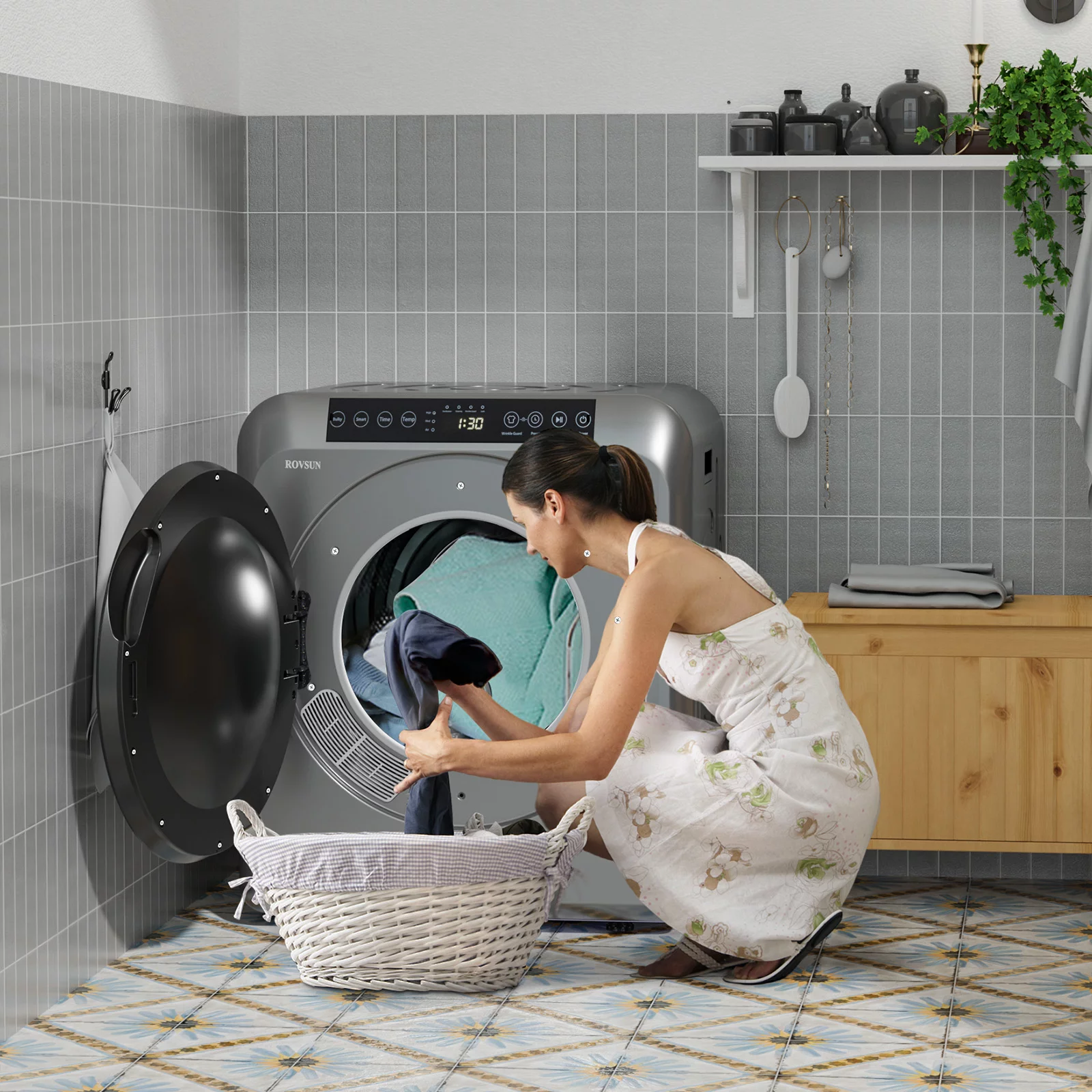 ROVSUN 13.2LB Portable Clothes Dryer, 3.5 Cu.Ft Front Load Laundry Electric Tumble Dryer with LCD Touch Screen, UV Disinfection for Apartment, Home