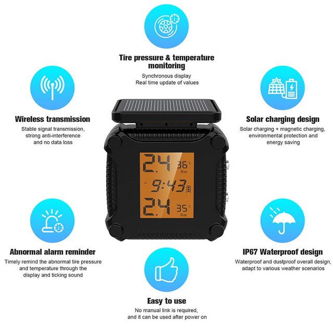 Wireless Tire Pressure Monitoring System (TPMS) for Bicycles and Motorcycles 2-tire Vehicles, Including 2 External Cap sensors