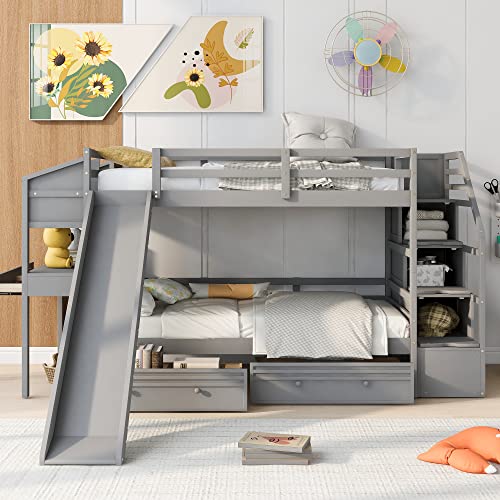Full-Over-Full Castle Style Bunk Bed with 2 Drawers and 3 Shelves, Wood Bunk Bed Frame with Slide and Storage Staircase for Kids Teens Boys Girls
