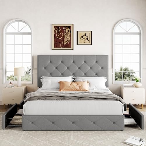 Allewie Upholstered Queen Size Platform Bed Frame with 4 Storage Drawers and Headboard, Square Stitched Button Tufted