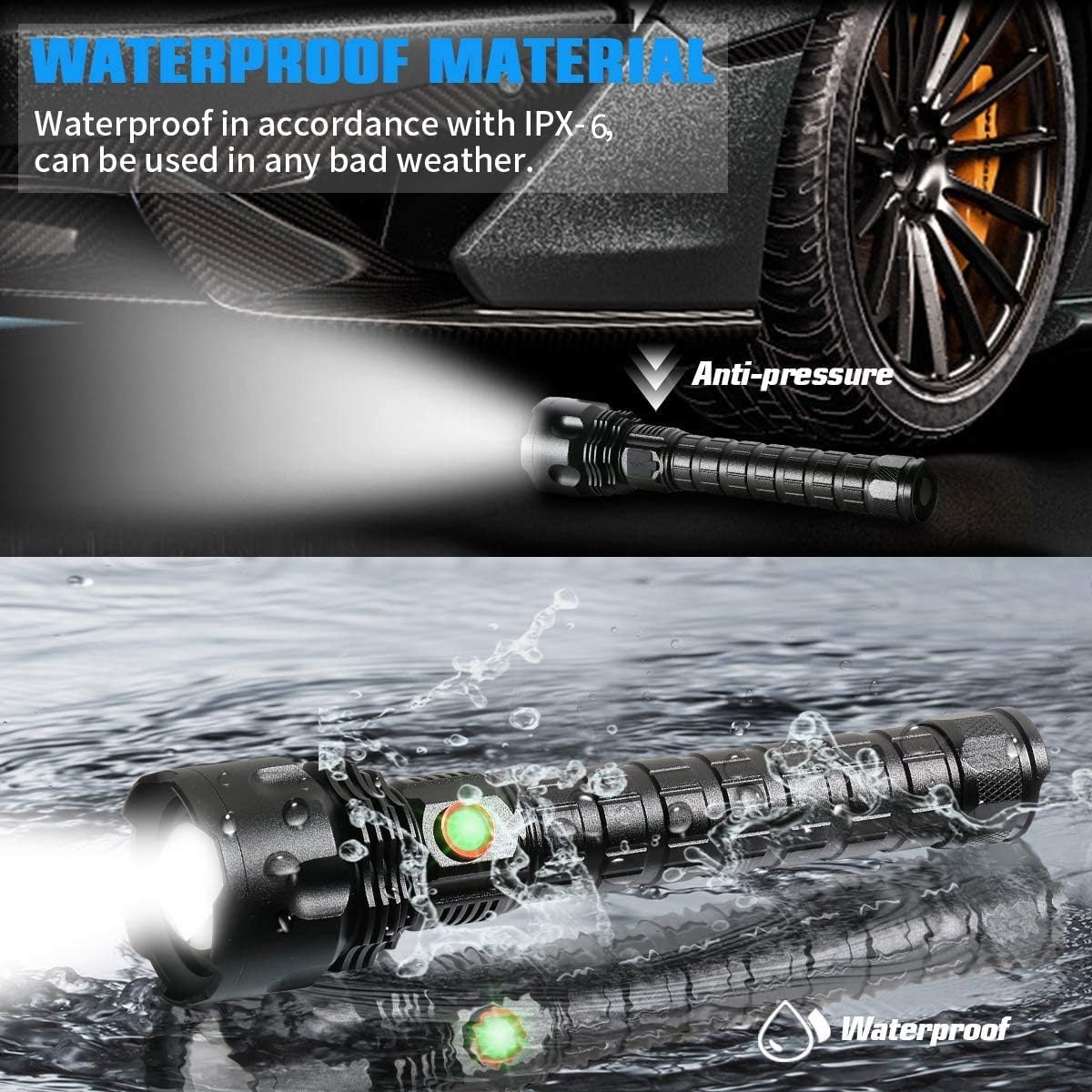 High Power XHP90 LED Flashlight 30000 Lumens Ultra Bright XHP90 LED Handheld Flashlight USB Type-C Rechargeable Torch Adjustable Zoomable Waterproof