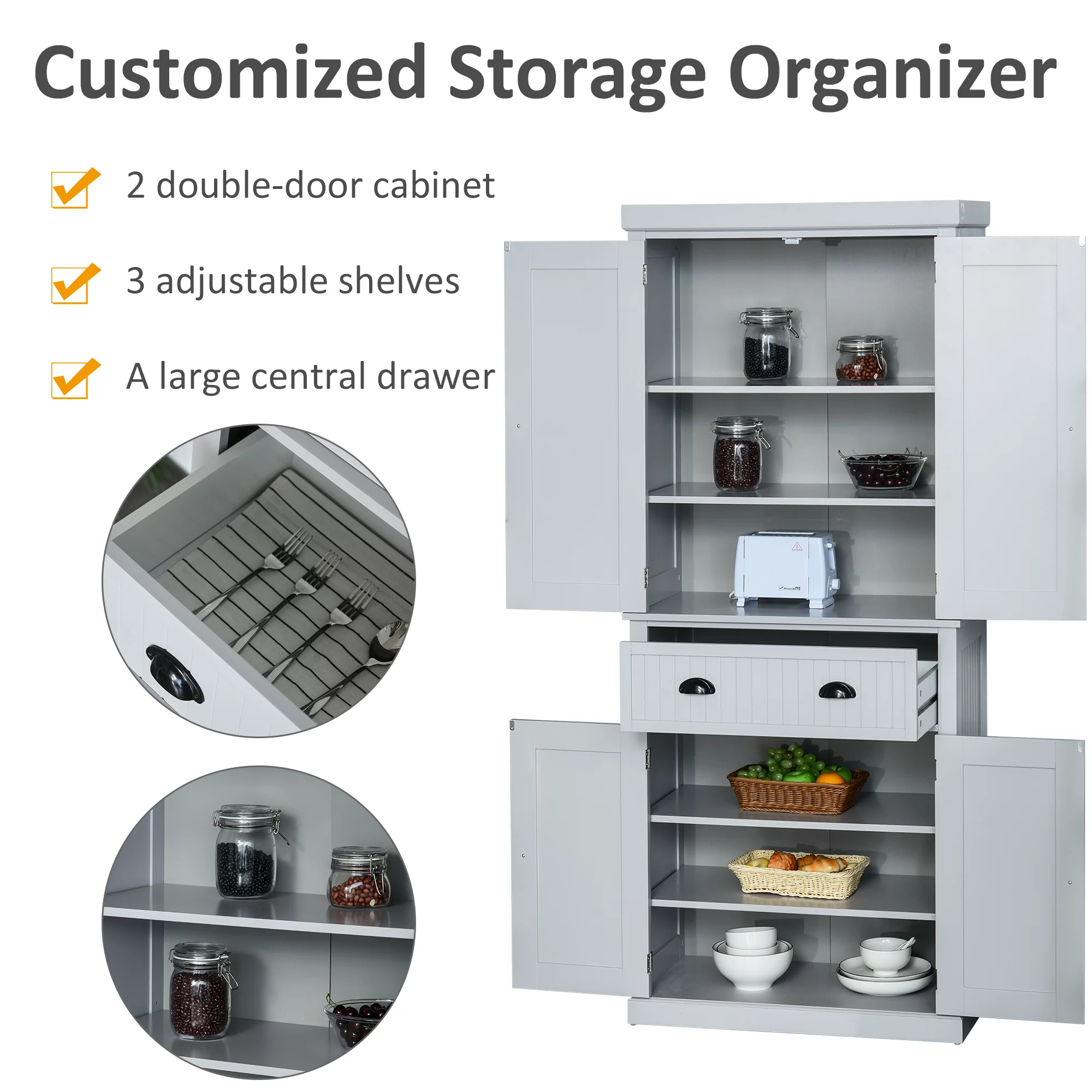 HOMCOM 72" Kitchen Pantry, Tall Storage Cabinet, Freestanding Cupboard with Drawer, Doors and Adjustable Shelves, Gray