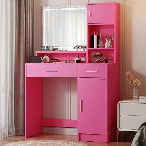 Vanity Desk with Mirror and LED Light Strip,Dressing Table with Large Drawer, 3 Level Storage Dresser & 3 Lighting Modes Adjustable Brightness