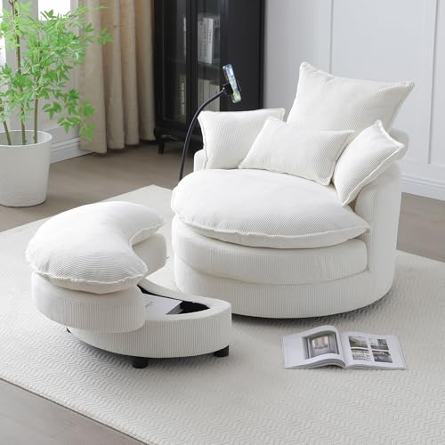 360 Swivel Accent Barrel Chair with Storage Ottoman & Headrest