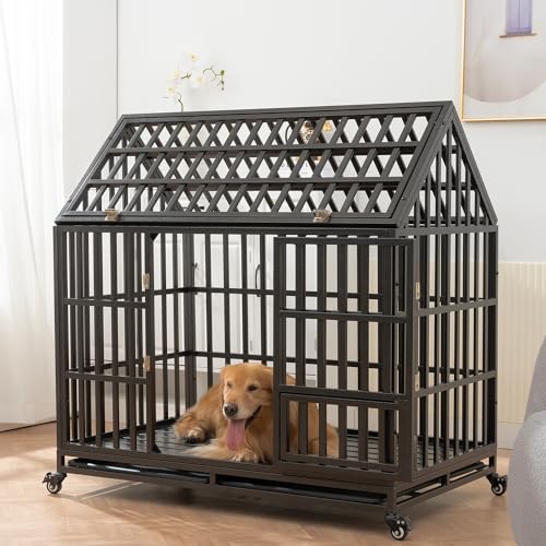 Heavy Duty Dog Crate Dog Cage, Indestructible Metal Dog Kennel Lockable for Medium Large Dogs with Sturdy Door Lock and Removable Trays