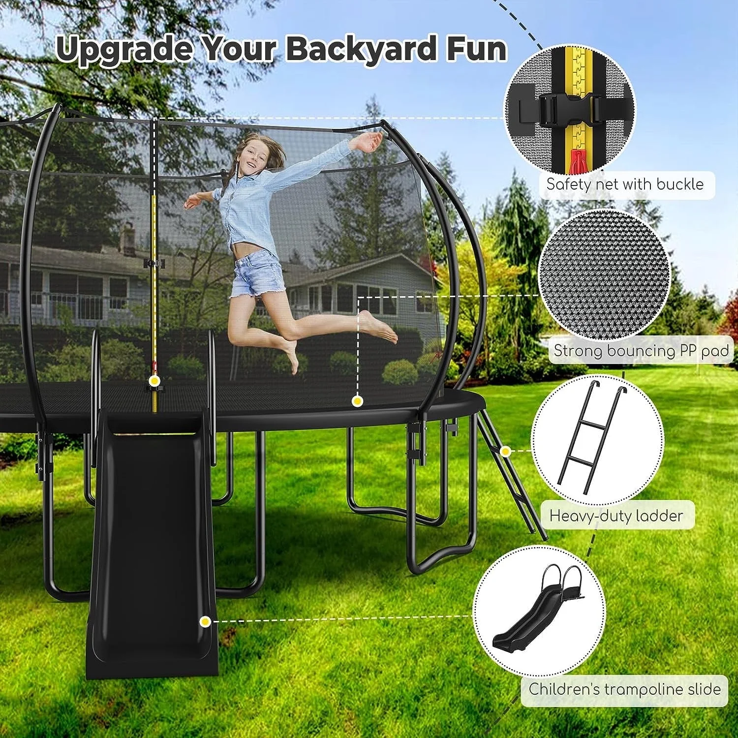 Soges 12FT Trampoline with Slide for Kids and Adults Outdoor Trampoline with Ladder and Safety Enclosure Net Pumpkin Trampoline with Curved Poles