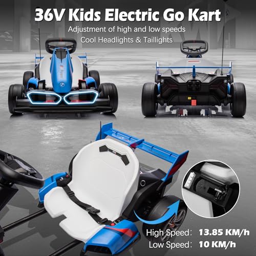 36V Licensed BMW Electric Go Kart, 7.5 MPH Drift Kart with 600W Motor, Outdoor Driftable Kids Race Pedal Go Karting Car w/Adjustable Seat, Lights
