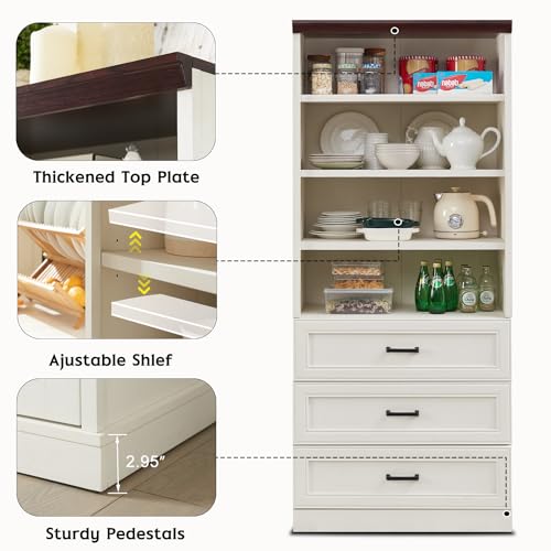 72" Tall Storage Cabinet, Farmhouse Kitchen Pantry with 3 Large Drawers & Adjustable Shelves, Versatile Cupboard for Kitchen, Dining Room, Bathroom