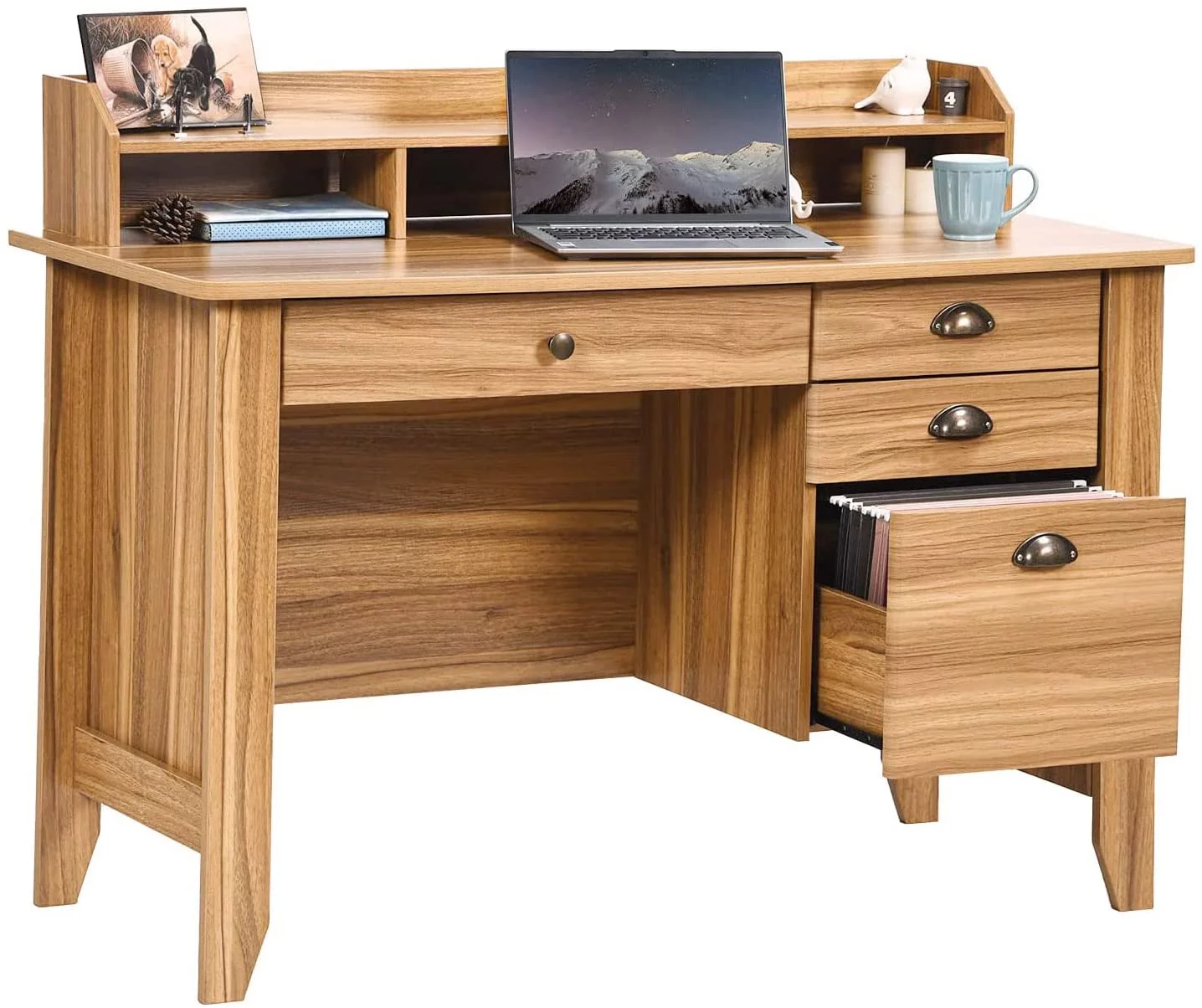 Catrimown Computer Desk, 47.5 in Wood Home Office Desk with Hutch and 4 Drawers, Monitor Stand, Rustic Brown