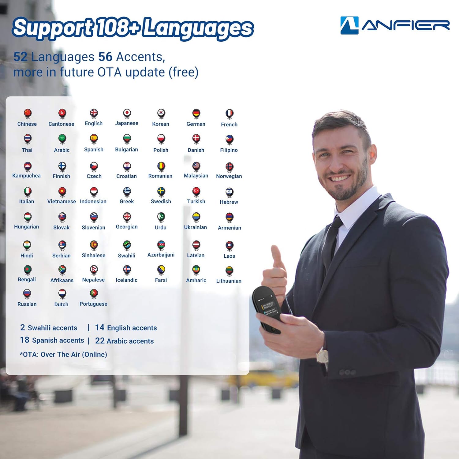ANFIER Language Translator Device with AI Voice Translator (W08) with 2.4 inch Touchscreen Image Translation-108 Languages and Two Way Translator