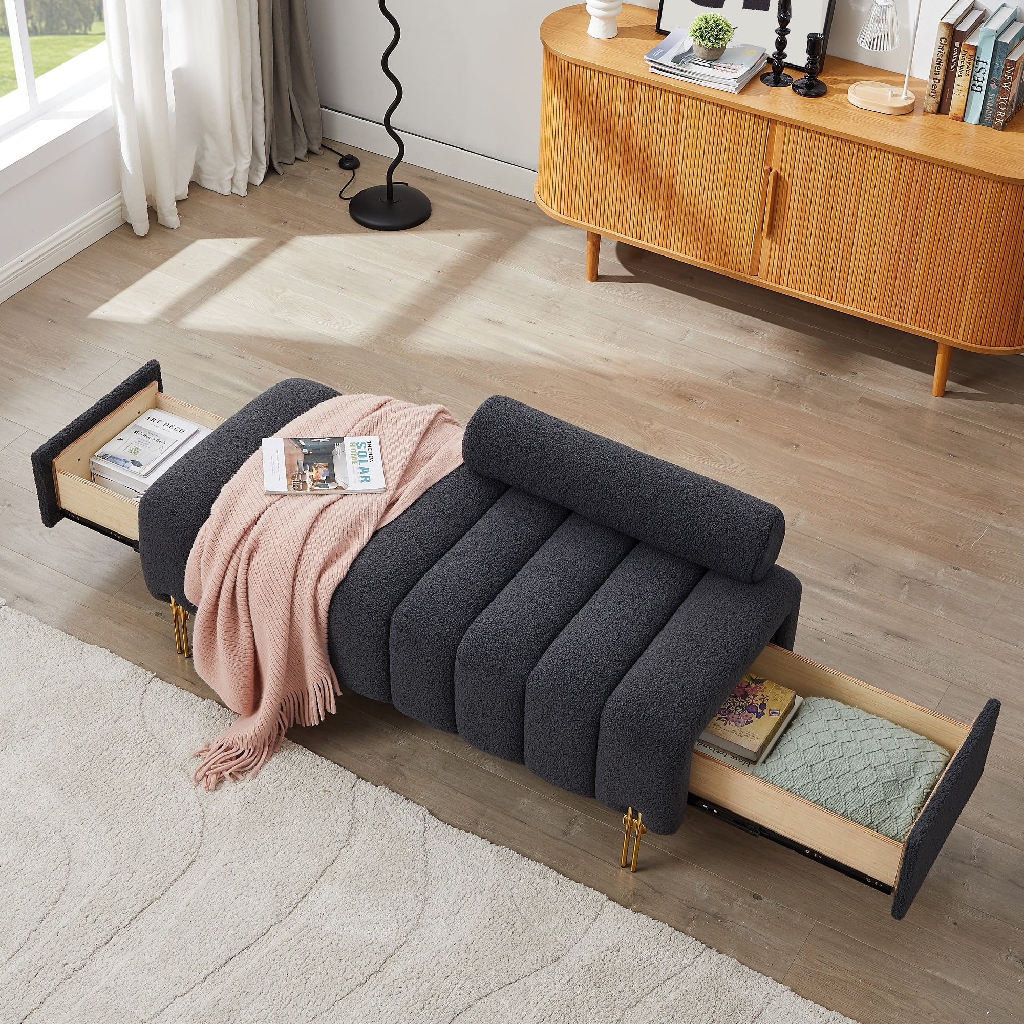 HUTWIFE Storage Bench for Bedroom End of Bed, Window Ottoman Storage Bench, Modern Upholstered Teddy Fabric Bench Ottoman, Tufted Bench for Entryway