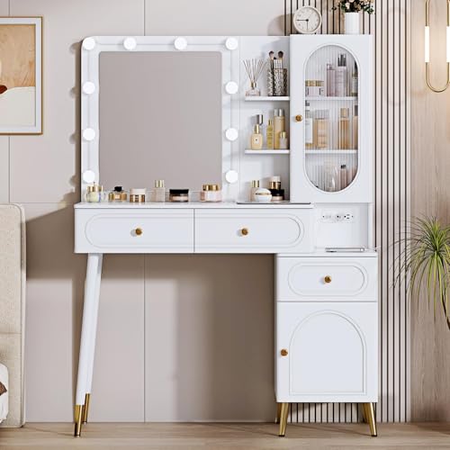 Vanity Desk with Mirror and Lights, with Power Outlet and 10 Lights Modern Capacity Makeup Vanity with 3 Drawers, Makeup Table for Bedroom