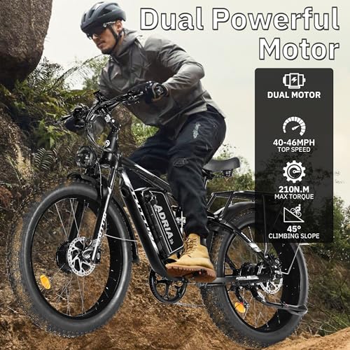 TUTTIO Electric-Bike for Adults-Men, Dual-Motor-Ebike 40-46MPH-Hunting-Ebike, 52V 30AH Long Range Dirtbike, 26" Fat-Tire-Electric-Bicycle