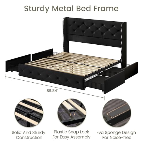 King Size Bed Frame with 4 Storage Drawers and Tufted Headboard Linen Upholstered Platform Bed Frame Wingback Beds with Wooden Slats Support