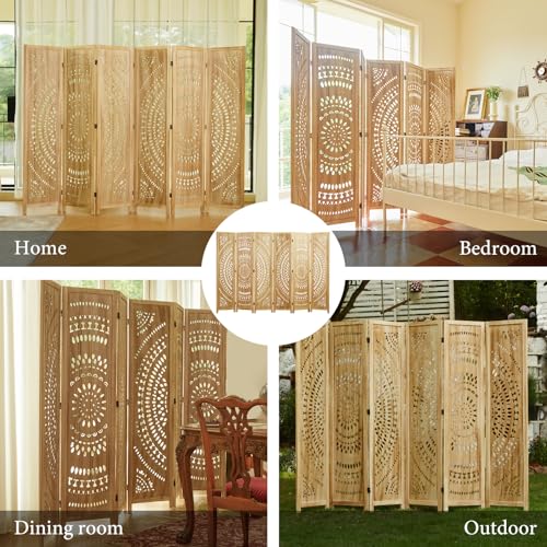 66.9Inch Folding Room Divider, 6 Panels Wood Carved Privacy Screens