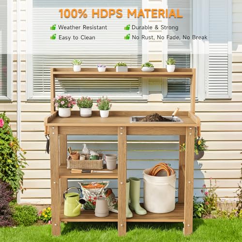 Potting Bench, Outdoor Potting Bench Table with Removable Sink, HDPS Potting Benches for Outside, Garden Table with Storage Shelves & 4 Side Hooks