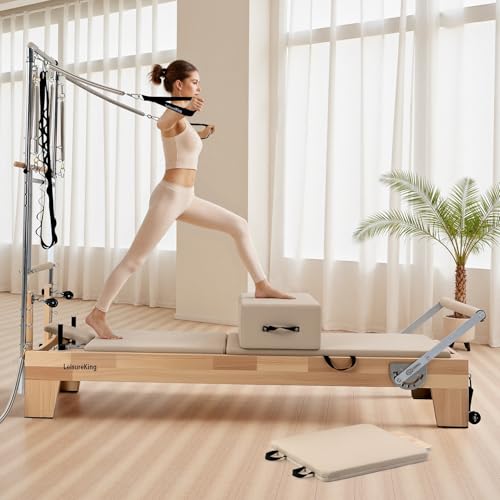 Pilates Reformer Machine, Quick-Assembly Foldable Studio Grade Pilates Equipment for Gym and Home, Oak Wood Pilates Reformer with Reformer Accessories