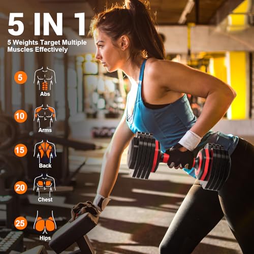Adjustable Dumbbells Set of 2, 1-Sec Adjustable Weights Dumbbells Set, 5 in 1 Free Dumbbell with Anti-Slip Texture Handle