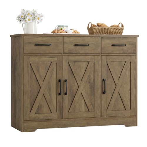 HOSTACK Modern Farmhouse Sideboard Buffet Cabinet, Barn Doors Buffet Storage Cabinet with Drawers and Shelves