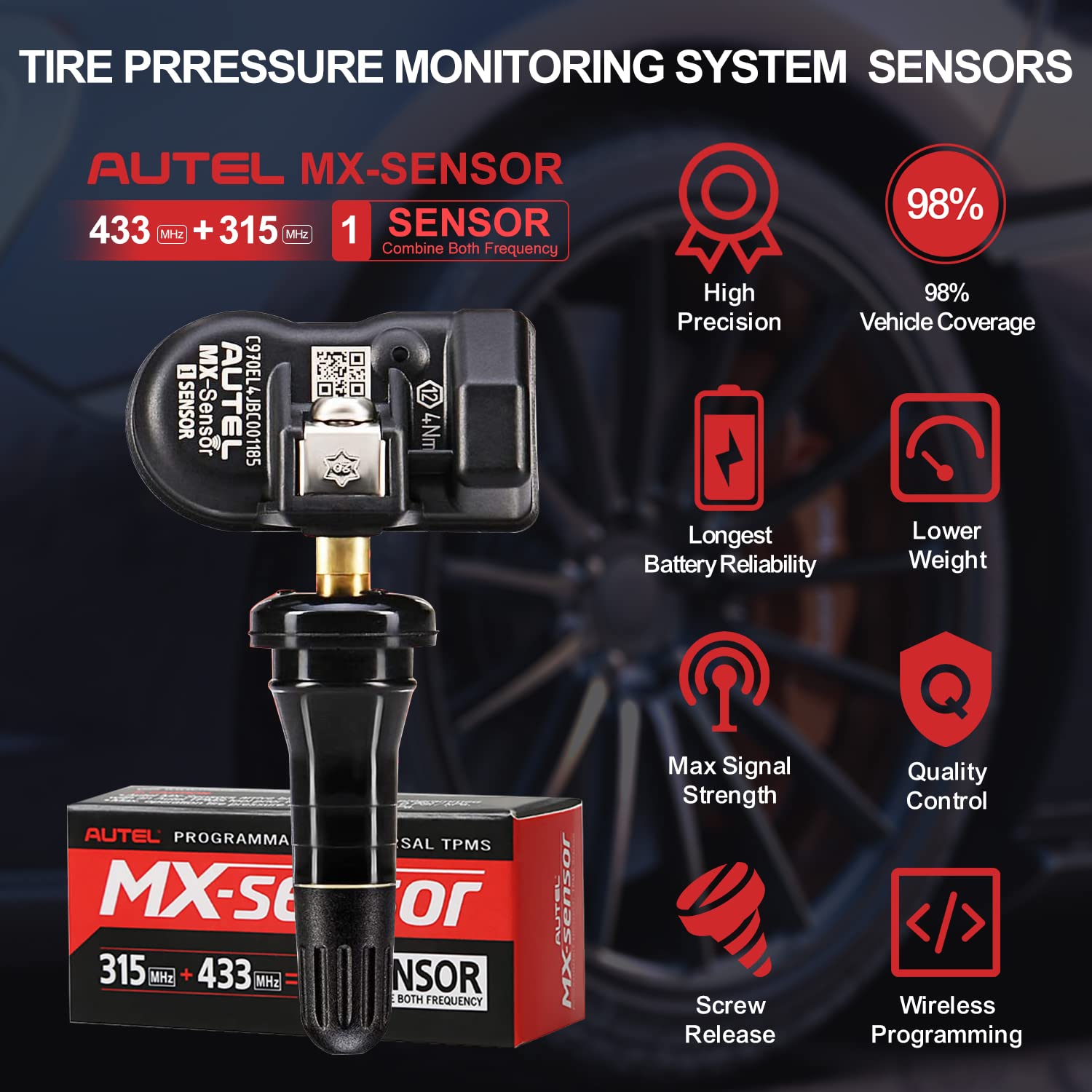 Autel TPMS Sensor MX-Sensor TPS218-315MHz+433MHz 2 in 1 Dual Frequency Replaced OEM Tire Pressure Sensor Universal Programmable Screw-in Sensor Sets