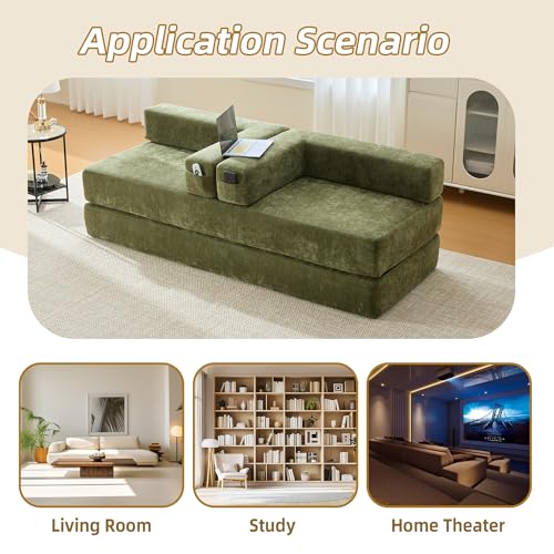 Convertible Sleeper Sofa Bed with Cylindrical Pillow, Corduroy Folding Mattress Couch with Fixed-Shape Frame
