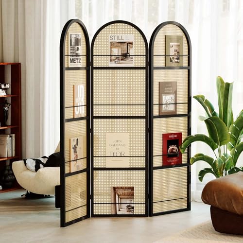 Room Divider and Folding Privacy Screens, Pine Wood 5.6 Ft Double Hinged Rattan Partition Freestanding Wall Room Divider for Home - 3 Panels