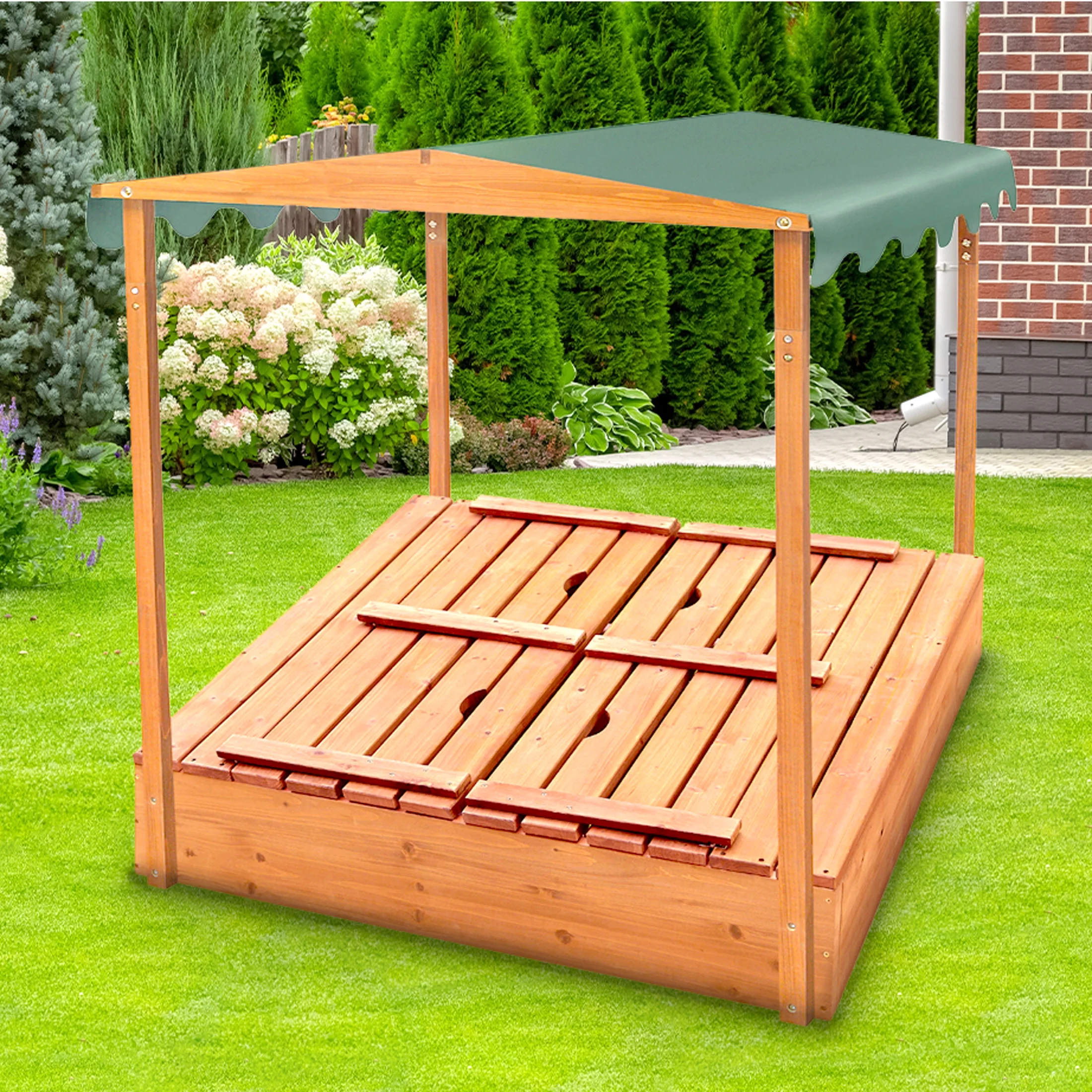 Badger Basket Covered Convertible Cedar Sandbox with Canopy and Two Bench Seats