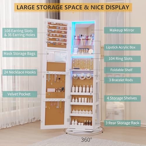 Vlsrka 360° Swivel Jewelry Cabinet with Lights, Jewelry Armoire with Full Length Mirror, Large Jewelry Armoire Organizer