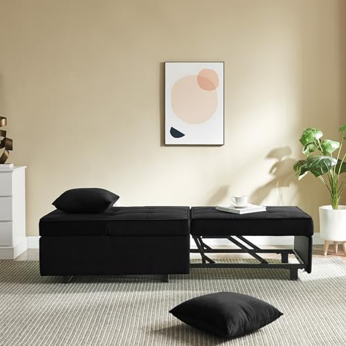 Sofa Bed 4-in-1 Convertible Pull Out Couch, Velvet Love seat Couch Sleeper Chair Bed with 2 Throw Pillow