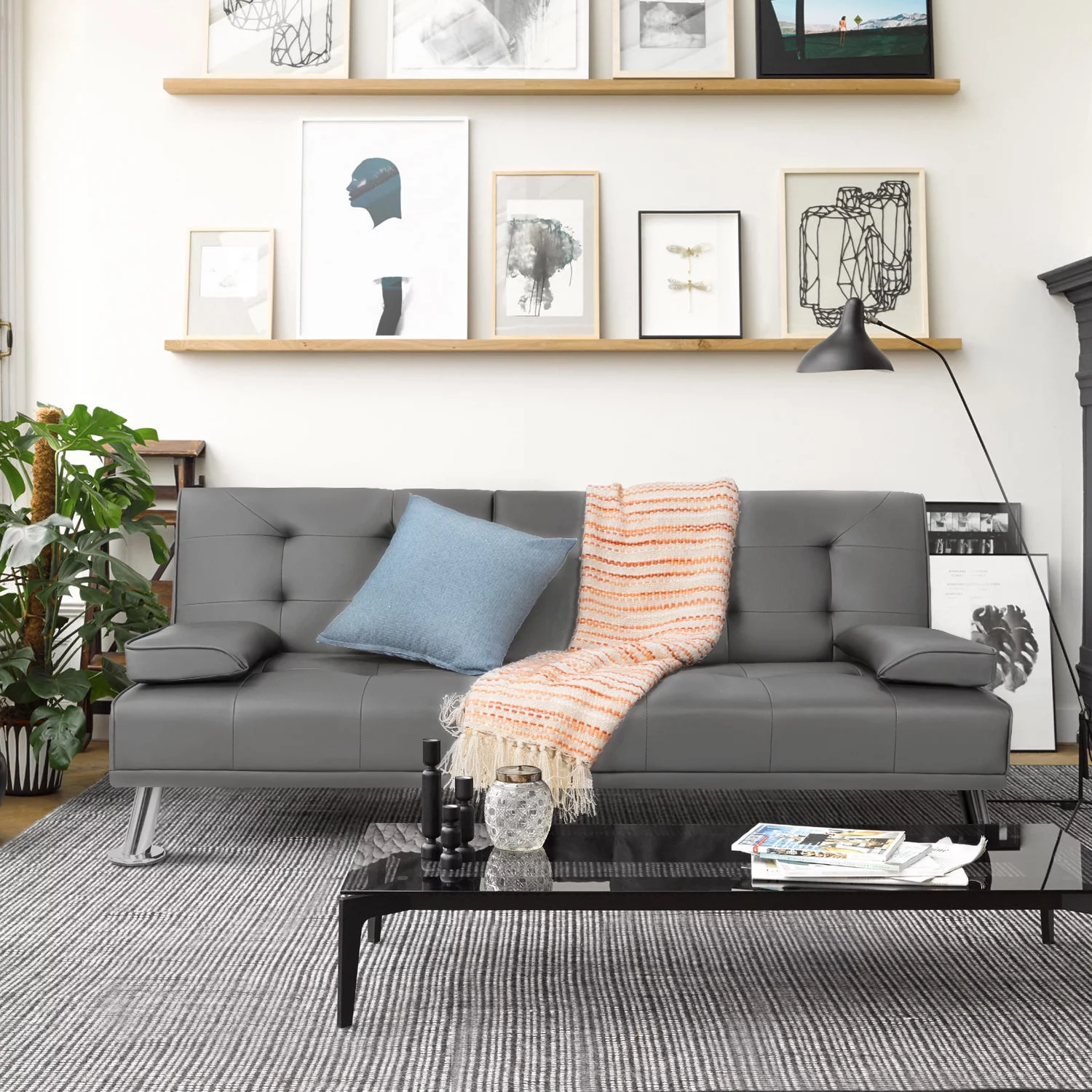 Vineego Modern Faux Leather Couch Convertible Folding Futon Sofa Bed with 2 Cup Holders, Gray