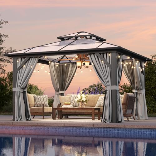 Aoxun 12'x16' Hardtop Gazebo, Aluminum Frame Permanent Pavilion with Netting and Curtains, Outdoor Polycarbonate Double Roof Canopy
