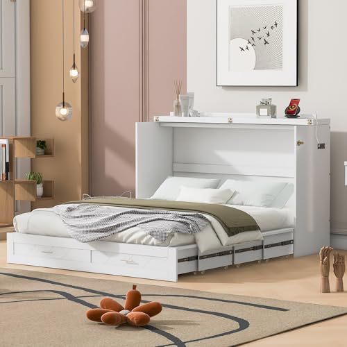 Harper & Bright Designs Queen Size Murphy Wall Bed, Chest Cube Cabinet With USB, Charging Station and Large Storage Drawer for Home Office