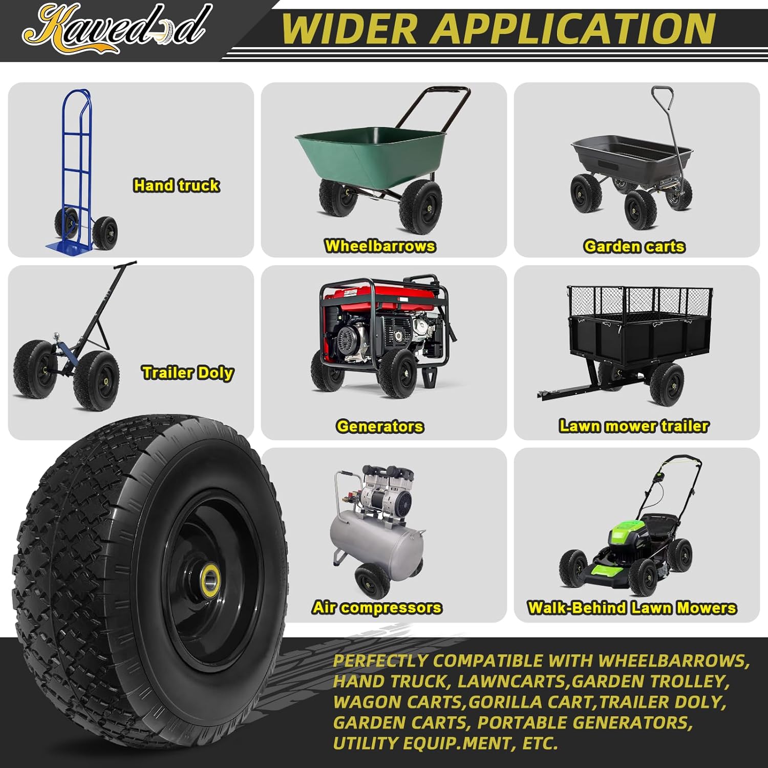 13” Tire and Wheel Flat Free, Replacement Solid Tire and Wheel Assemblies with 5/8” Axle Bore Hole and Double Sealed Bearings